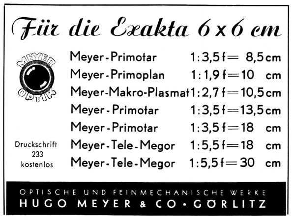 Meyer-Objektive für die Exakta 6x6 1939