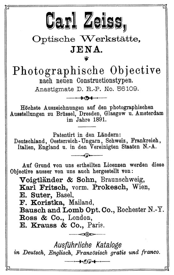 Reklame Zeiss-Anastigmat 1892