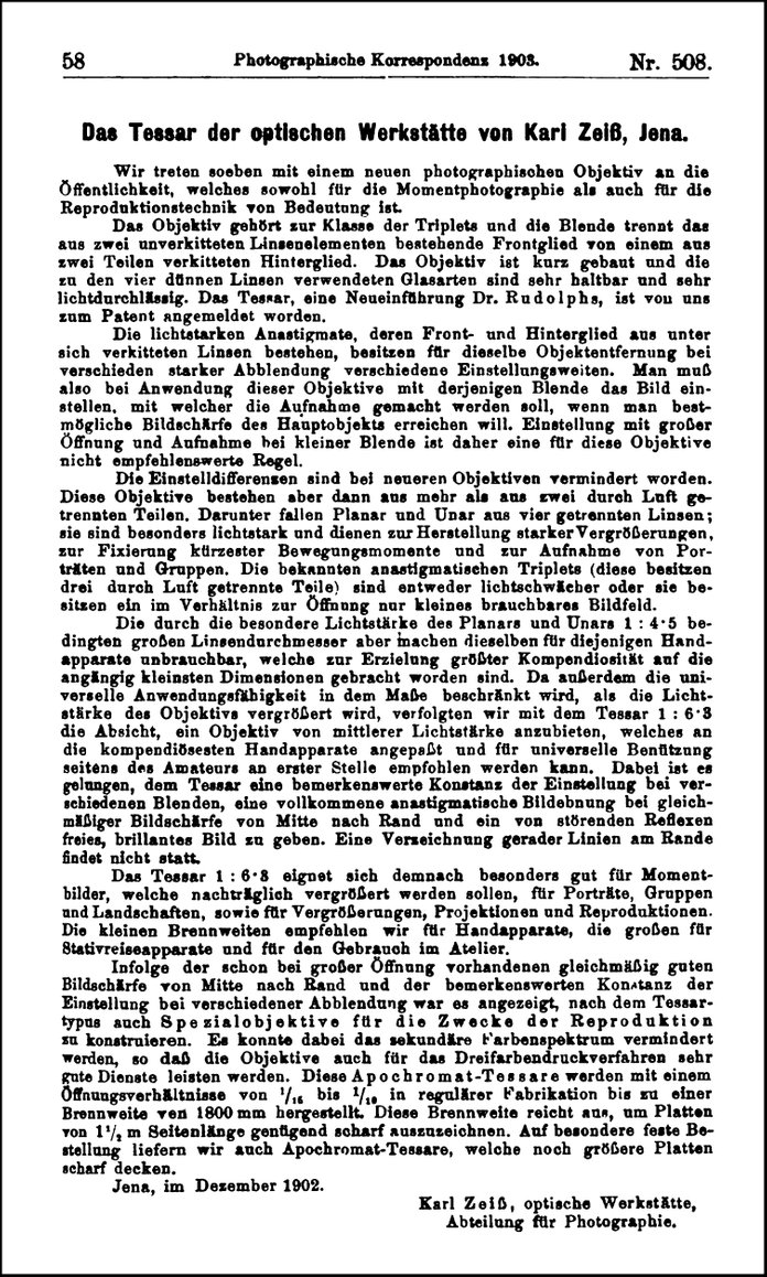 Tessar-Bekanntmachung 1903