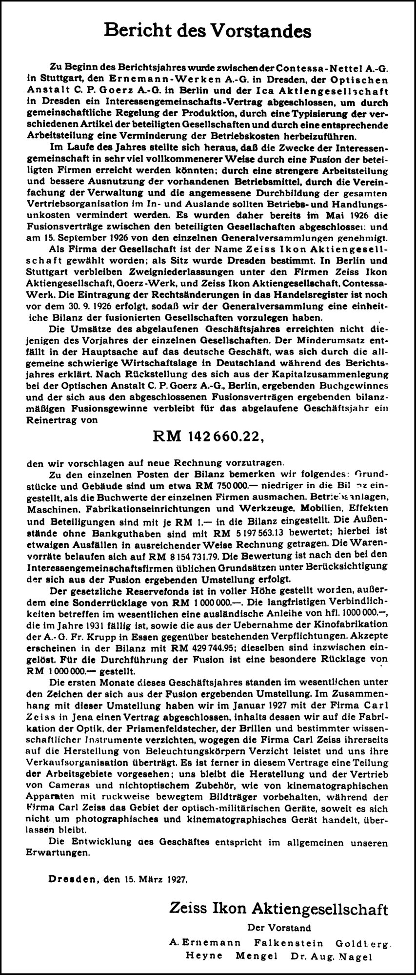 Zeiss Ikon AG erster Geschäftsbericht 1927